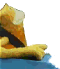 Animated cartoon character with orange fur and white face rests on blue surface, head turning from left to right