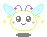 Pixelated character with white face, light blue wings, purple antennae with pink stars, yellow sparkles, and pink cheeks in six expressions.