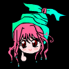 A chibi-style character with pink hair and a teal hat appears in showing subtle facial expression changes against black background