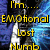 A static image with a blue and black background featuring repeated text in yellow and red, including 'I'm... EMOTIONAL', 'Lost Numb Empty', 'Loveless Hopeless Dead', 'Dilusional Hated Shaky Messed Up AND TRAPPED', 'Neurotic Mute Alone Hurt', and 'INSIDE MY HEAD'.