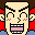 Pixel art contact sheet showing two animated frames of a cartoon character with exaggerated facial expressions and red hair, displayed side-by-side on a gray background.