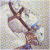 Pixelated image of a brown and blue object with curved and straight lines against a light multicolored background.