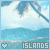 Pixelated beach scene with palm tree, ocean waves, and 'ISLANDS' text; heart icon changes from light blue to gray.