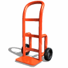 Orange hand truck with black wheels on white background, shown in multiple static poses across a