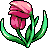 Pixel art of a pink flower with layered petals and green stems against a gray background.