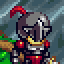 Pixel art character with gray helmet, red accents, and yellow chest plate against blue-gray background.