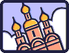 Pixelated cartoon of a pinkish-orange building with golden domes against light purple sky and white clouds, framed by dark blue border.