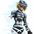 Two pixelated anime-style figures stand side-by-side against a white background, one in dark armor with blue highlights, the other in a dark outfit with yellow accents.