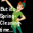 Pixelated character in green tunic and teal pants with red-tipped hat, arm raised against black background, overlaid text reads "But it's Spring-Cleaning to me..."