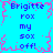 Pixelated blue background with pink border and repeated text "Brigitte rox my sox off!" in dark blue font, arranged in a pattern