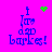 A bright pink background displays four identical blue pixelated text blocks reading "i love dave barks!" with green animated symbols above each block.