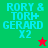 Four pixelated display identical text with varying background colors and star symbols, each showing 'RORY & TORI+ GERARD X2' in cyan block letters