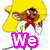 Animated cartoon character with yellow hair and red bow appears in four showing text overlays and pose changes
