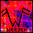 Two side-by-side animated frames of a pixelated Weezer buddy icon with red and purple background, showing black and white stick-figure versions of the band's logo.