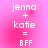 Pixelated text on pink gradient background reads 'jenna + katie = BFF' in four identical with subtle color variations