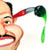 Pixelated cartoon face with exaggerated features holding a red and green object against white background.
