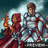 Pixel art of two figures: a robed figure holding a glowing orb and a knight in silver armor, set against a cloudy background with '-PREVIEW-' text at bottom.