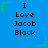 Blue background with repeated text "I Love Jacob Black" in black pixelated font, surrounded by green star and dot patterns.