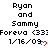 Pixelated text displays 'Ryan and Sammy' with 'Foreva <33' and date '1/16/09' beneath, each followed by a red heart symbol in three repeated