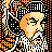 Pixelated 48x48 static buddy icon featuring a stylized character with orange hair and black-and-white patterned clothing against an abstract background of orange, white, and black pixels.