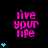 Pixelated pink text 'live your life' on black background with cyan heart symbols, varying in number across positions