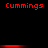 Red pixelated text 'Cummings' appears in three on a black background with red horizontal bars between