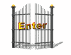 A series of animated gate icons showing sequential opening from closed to fully open, each with 'Enter' text in orange-yellow gradient on the gates.