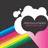 Pixelated white cartoon character with large black heart-shaped sunglasses, rainbow-colored tail, and pink background elements.
