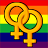 Two golden female gender symbols overlap on a rainbow striped background with red, orange, yellow, green, blue, and purple horizontal bands.