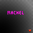 six identical displays the name 'RACHEL' in pink pixelated text above a small colored arrow on a black-and-white checkered background