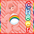 A 48x48 pixel animated contact sheet showing five sequential frames of a Care Bear icon with rainbow chest emblem, pink body, and vertical "Cheer" text on the right side against a red striped background.