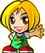 Pixelated cartoon character with blonde hair, green overalls, and red shoes in four sequential poses showing hand movement.