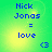 Blue pixelated text 'Nick Jonas = love <3' on green-yellow gradient background with subtle light effects.