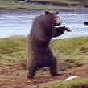 Animated sequence of brown bears standing on grassy terrain near water, each bear in a different pose with arms raised or extended.