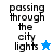 Pixelated text 'passing through the city lights' with a star symbol, displayed across four distinct background color variations.