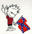 Pixelated cartoon figure in red shirt and black shorts holds a red-and-blue checkered flag, arms raised against light background.