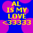 Blue background with pink circular shapes and yellow pixelated text reading 'AL IS MY LOVE <33333' in two identical side-by-side arrangements.
