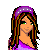 Pixel art contact sheet of three animated frames showing a cartoon woman in purple attire with text below each frame, all on white background.
