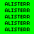 Green background with repeated black text 'ALISTERR' in a pattern, some showing white backgrounds