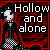 A 4x4 contact sheet of animated frames showing a pixel art character with pale skin, purple eyes, and black hair wearing a black jacket over a checkered skirt against a red background with the text "Hollow and alone" in white.