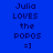 Blue background with pixelated text "Julia LOVES the POPS =]" in dark blue and cyan, displayed across three of a