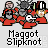 Pixelated cartoon characters in red and gray attire with a black helmet, positioned beneath text reading "Maggot Slipknot" and "Get a Buddy Icon at badass Maggot Slipknot" on a light gray background.