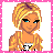 Pixel art buddy icon featuring a blonde cartoon character with blue eyes and a yellow jacket, next to pink text on a white background within a pink dotted border.