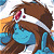 Pixelated static image of a cartoon character with brown hair, blue top, and pink facial features against an orange-and-blue background.