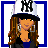 A 4x3 contact sheet of an animated AIM buddy icon featuring a cartoon woman with long brown hair wearing a white NY cap, blue top, and black jacket, shown in various poses across sampled frames including full-body views, close-ups, and text elements.