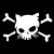 Pixelated white skull with crossbones on black background, rendered in 8-bit style with visible dithering and blocky edges.