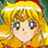 Pixelated anime-style character with long yellow hair, large blue eyes, and a red headband against a green background.