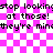 Pixelated text on a pink and white checkered background with animated sparkles.