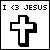 Static pixel art icon with black text 'I <3 JESUS' above a large white cross on black background.