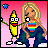 Pixel art contact sheet showing five animated frames of a blonde woman and anthropomorphic banana character against pink background with stars, ending in text screen.